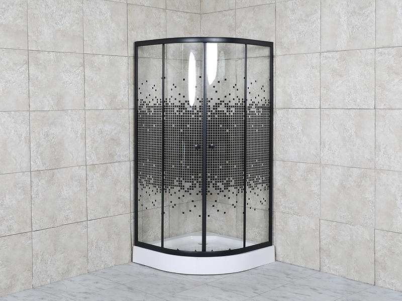 SE Sliding Shower Enclosusre, Clear Tempered Glass With Mosaic Printing, Black Paint Aluminium, Double Holes Handle, With Tray
