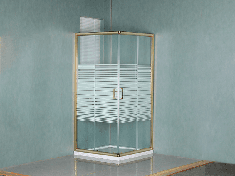 SQ Sliding Shower Enclosusre, Clear Tempered Glass With Printing, Gold Aluminium Profile, Double Holes Handle, With Tray
