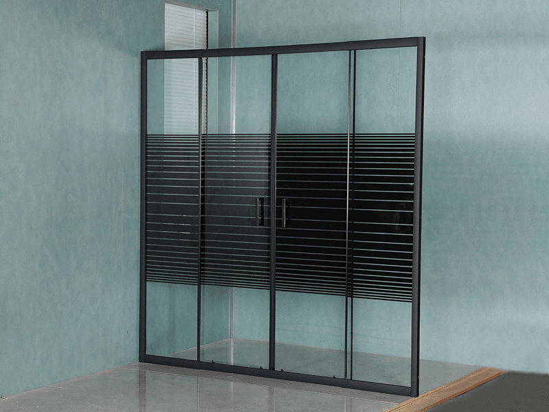 DD-4 Two Fixed Two Sliding Shower Screen, Clear Tempered Glass With Printing, Black Aluminium Profile,Double Holes Handle
