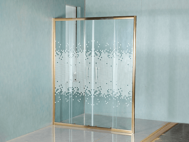 DD-1 Two Fixed Two Sliding Shower Screen, Clear Tempered Glass With Printing, Gold Aluminium Profile,Double Holes Handle