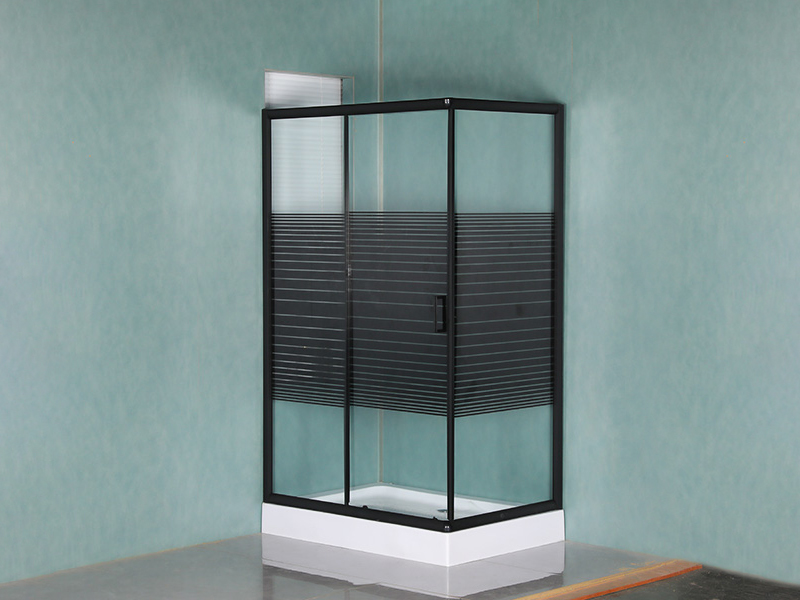 RE Sliding Shower Enclosusre, Clear Tempered Glass With Printing, Black Aluminium Profile, Double Holes Handle, With Tray