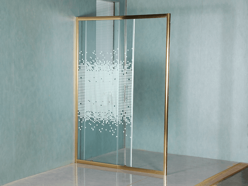 SD-1 One Fixed One Sliding Shower Screen, Clear Tempered Glass With Printing, Gold Aluminium Profile,Double Holes Handle